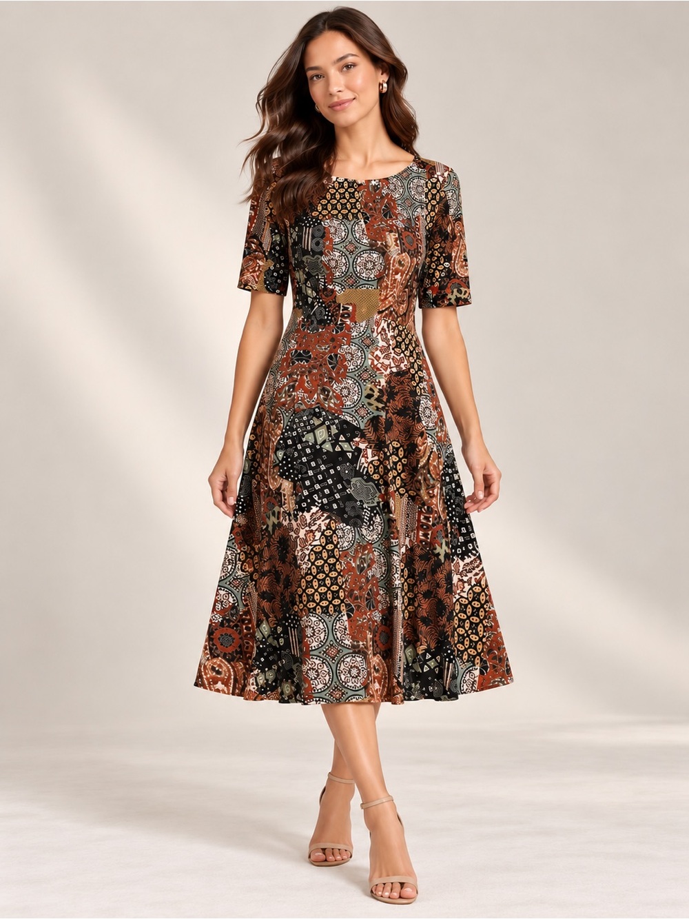 NWOT Multicolor Patchwork Midi Dress — Rust, Black & Cream